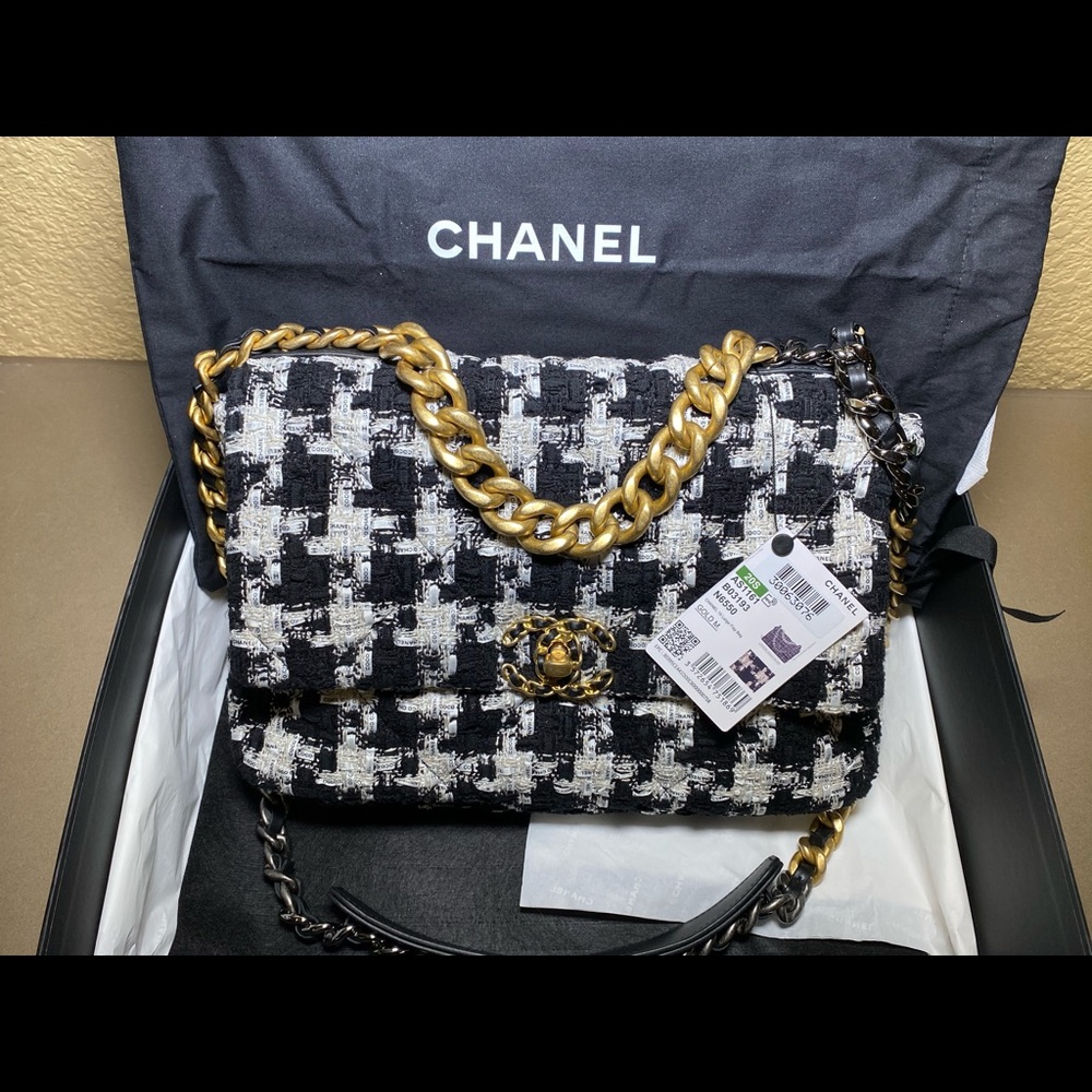 Authentic Chanel 19 large tweed coco ribbon flap bag.
